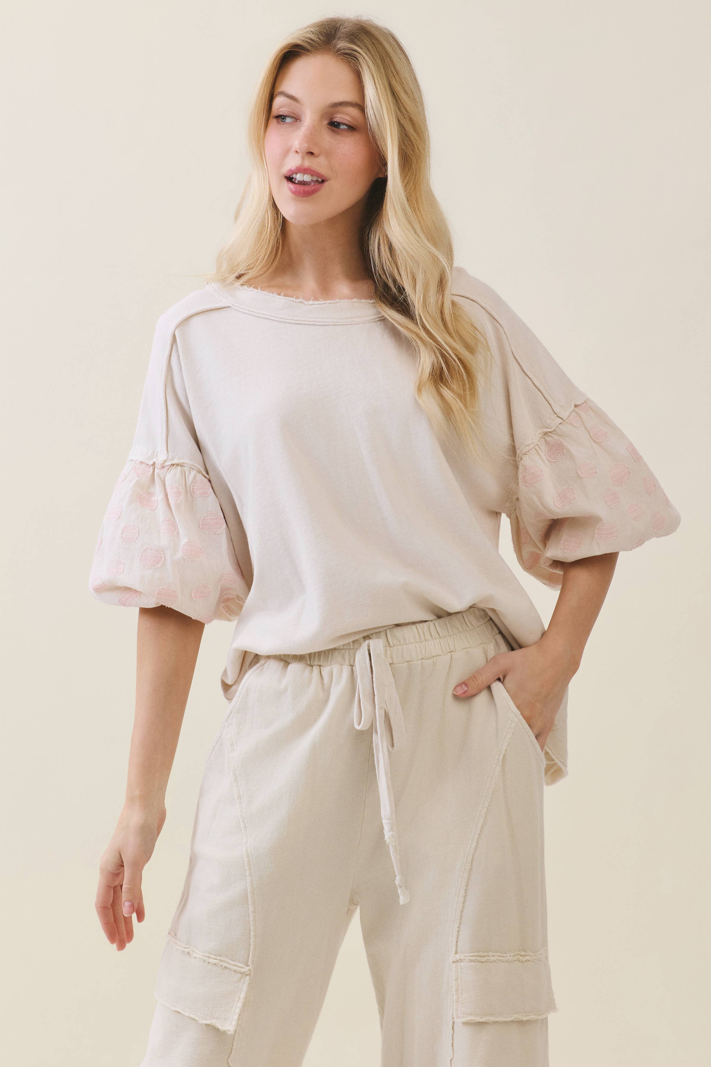 Mineral Washed Pink Polka dot Balloon Puff Blouse