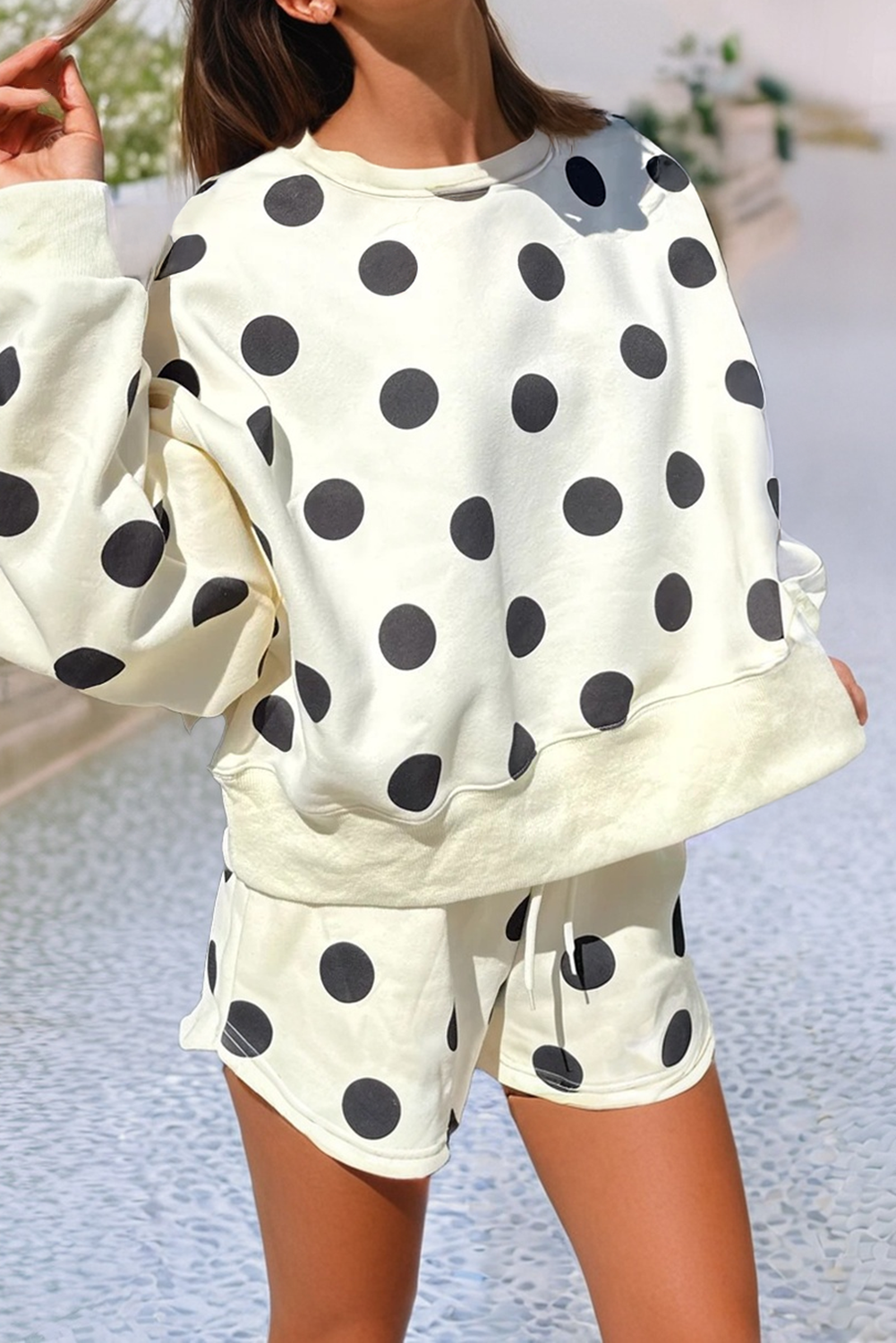 Polka Dot Drop Shoulder Pullover Drawstring Short Set