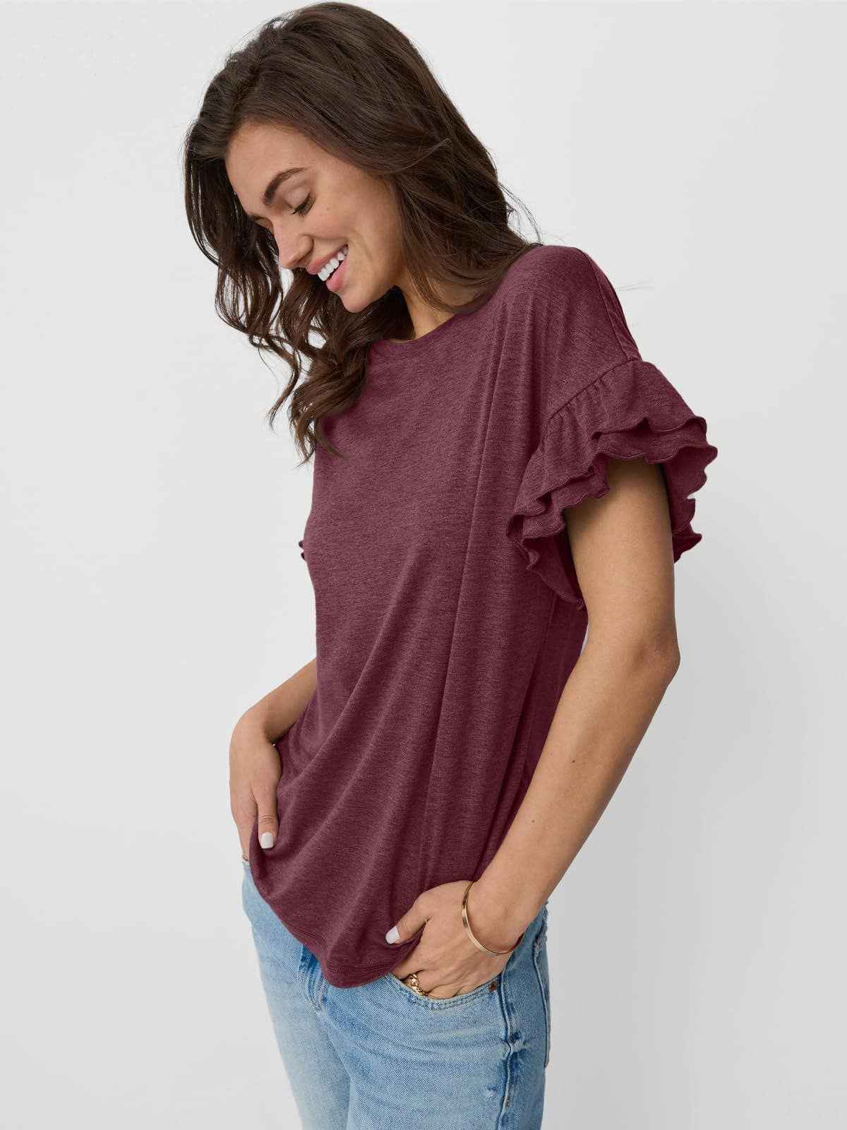 Women's Ruffle Sleeve Crew Neck T-Shirt – Casual Summer Solid Color Top