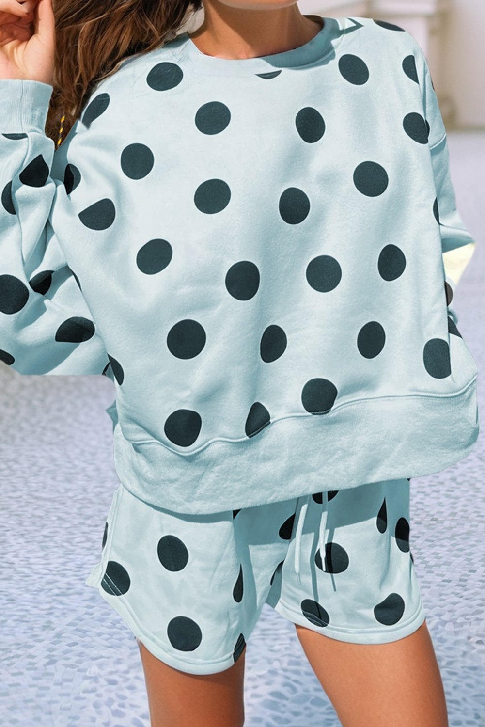 Polka Dot Drop Shoulder Pullover Drawstring Short Set