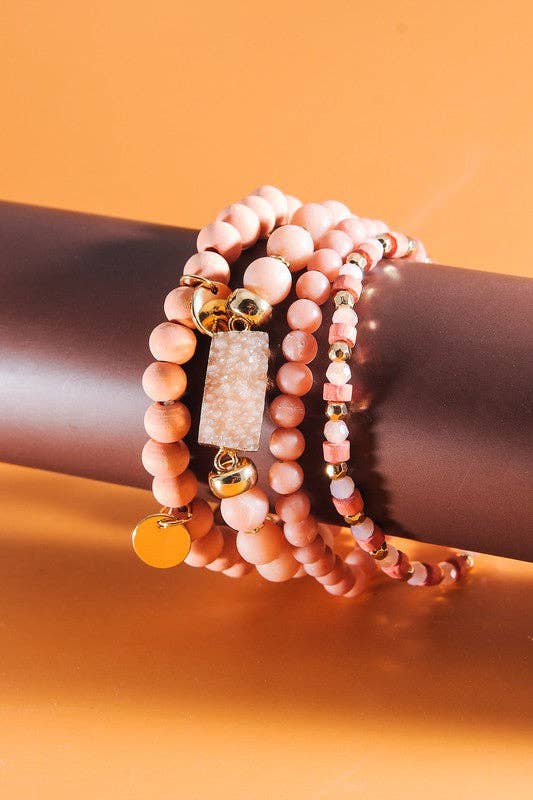 DRUZY WOOD NATURAL BEAD 4 ROW STRETCH BRACELET SET | 10B3031012