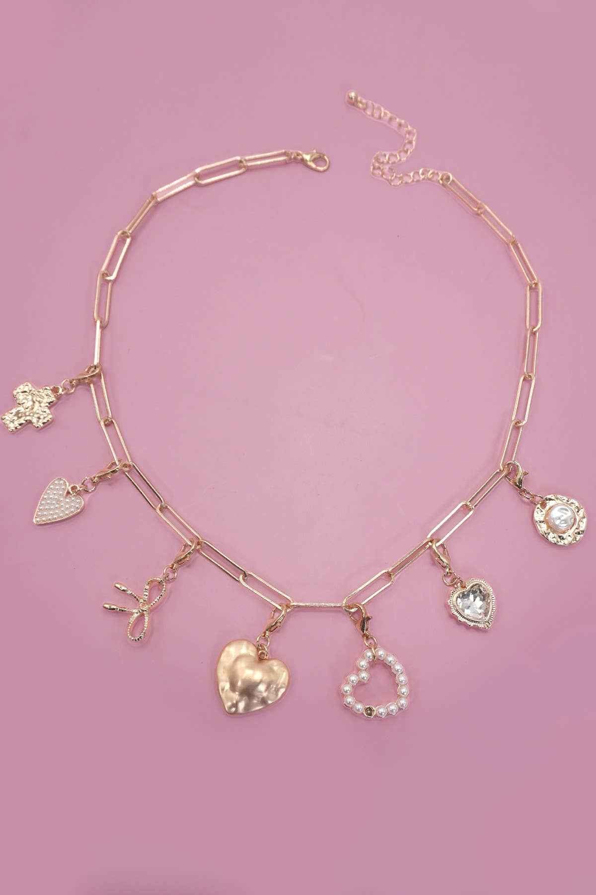 BOW HEART REMOVABLE MULTI CHARM NECKLACE