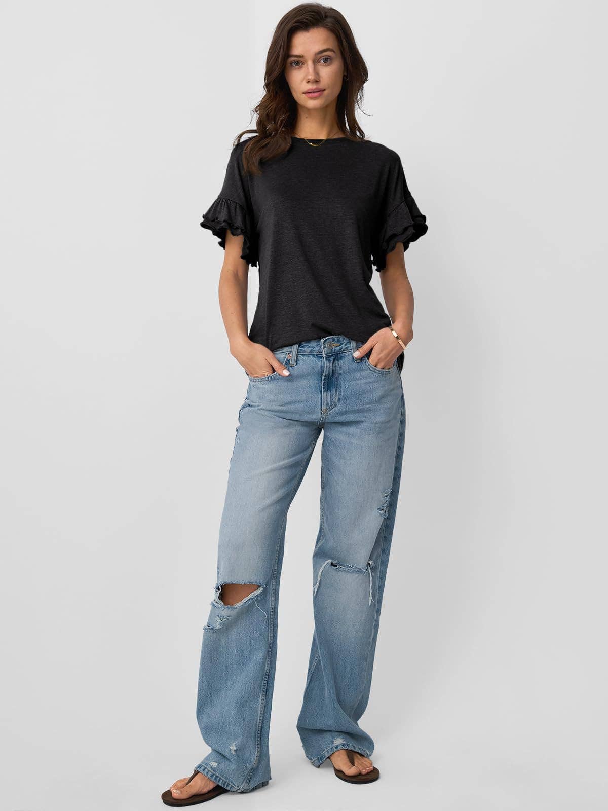 Women's Ruffle Sleeve Crew Neck T-Shirt – Casual Summer Solid Color Top