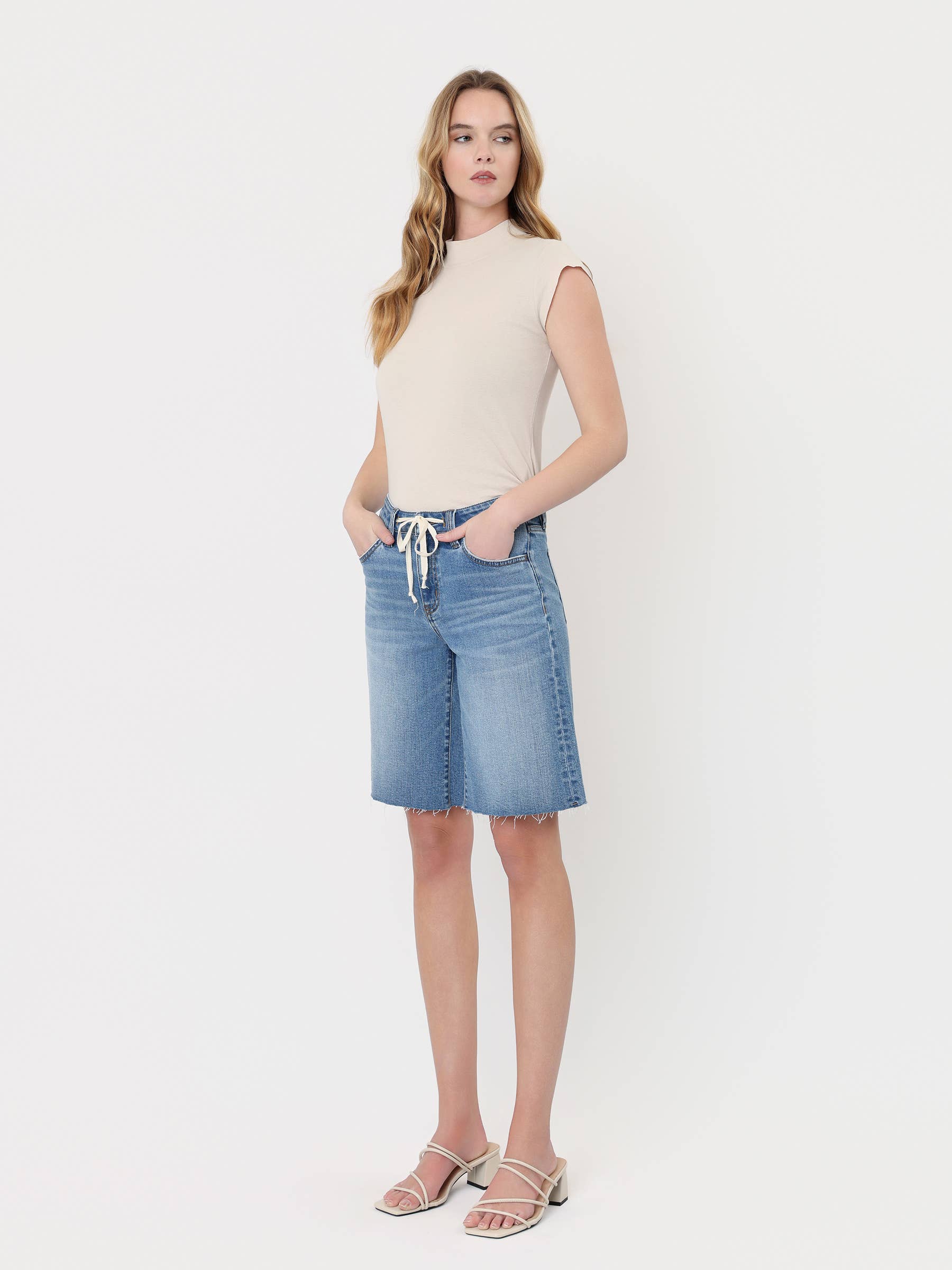 HIGH RISE WAIST TIE DENIM BERMUDA SHORTS