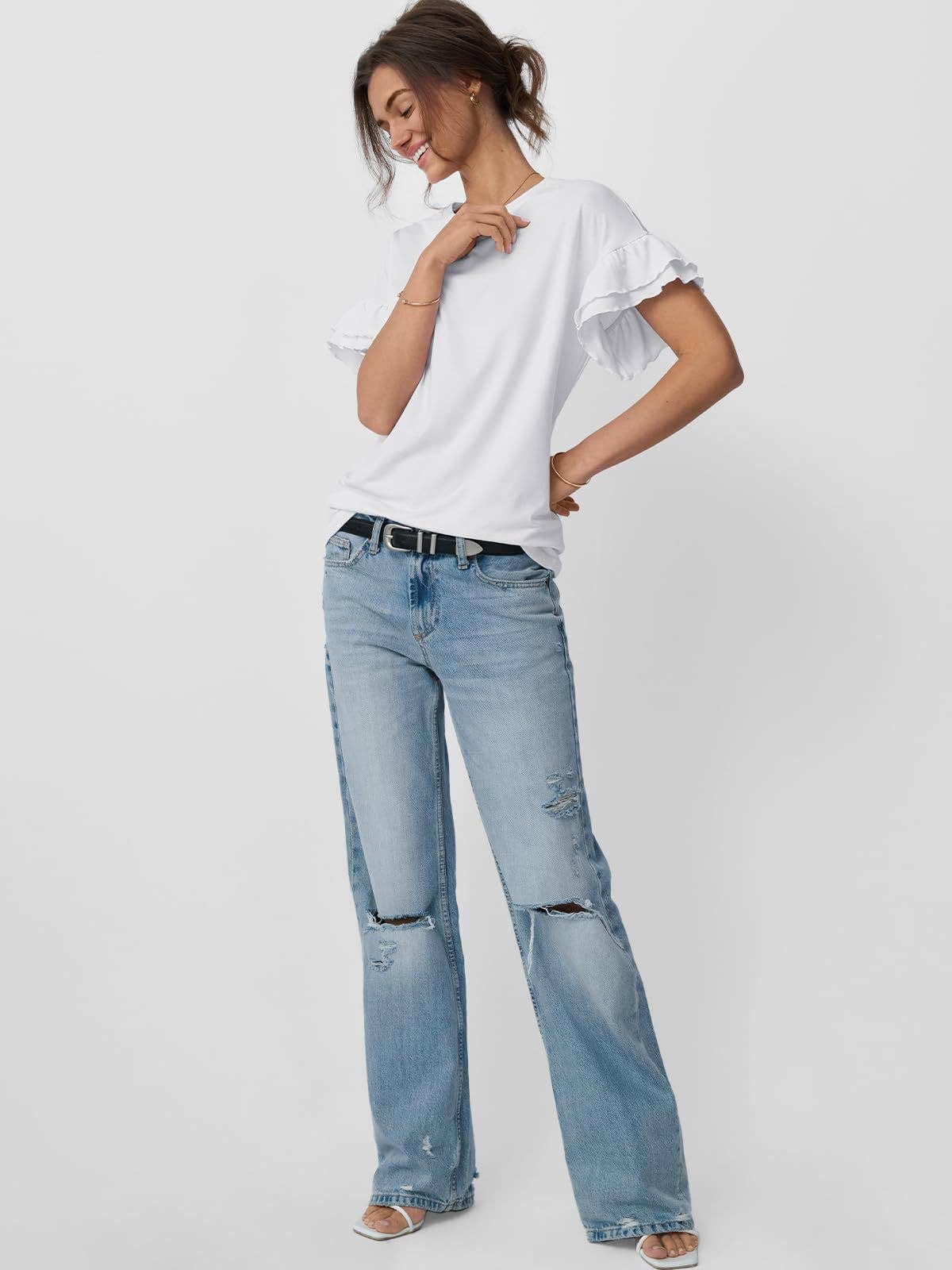Women's Ruffle Sleeve Crew Neck T-Shirt – Casual Summer Solid Color Top