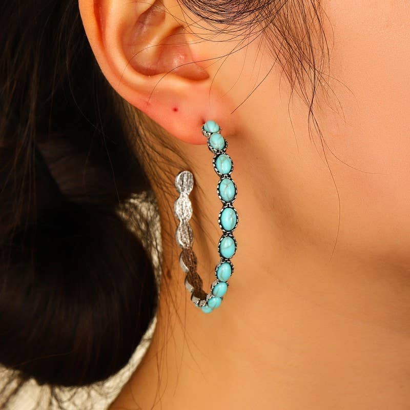 WESTERN TURQ STONE HOOP EARRINGS