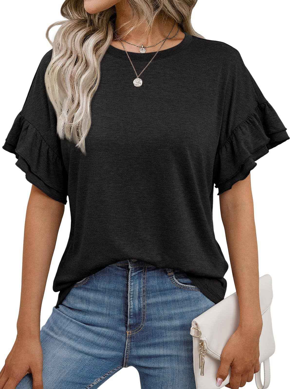 Women's Ruffle Sleeve Crew Neck T-Shirt – Casual Summer Solid Color Top