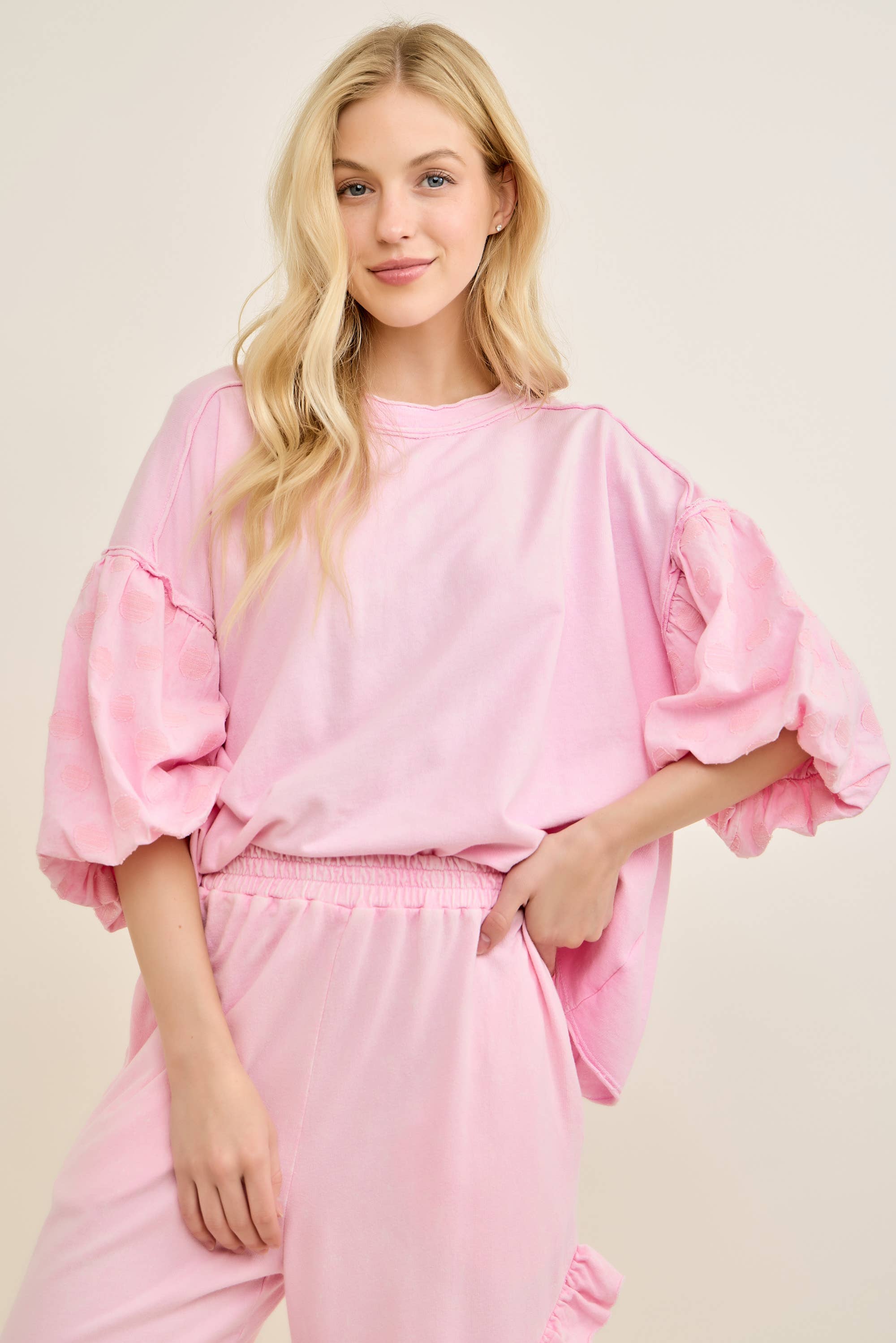 Mineral Washed Pink Polka dot Balloon Puff Blouse