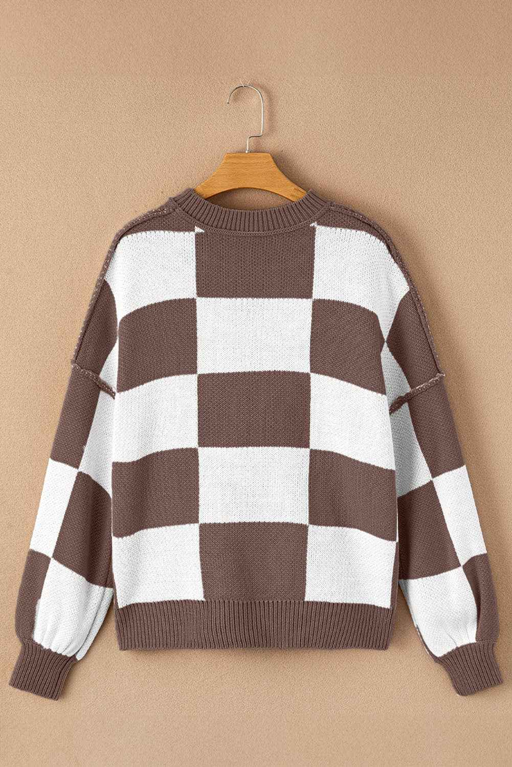 Stripe Checkered Bishop Sleeve Sweater