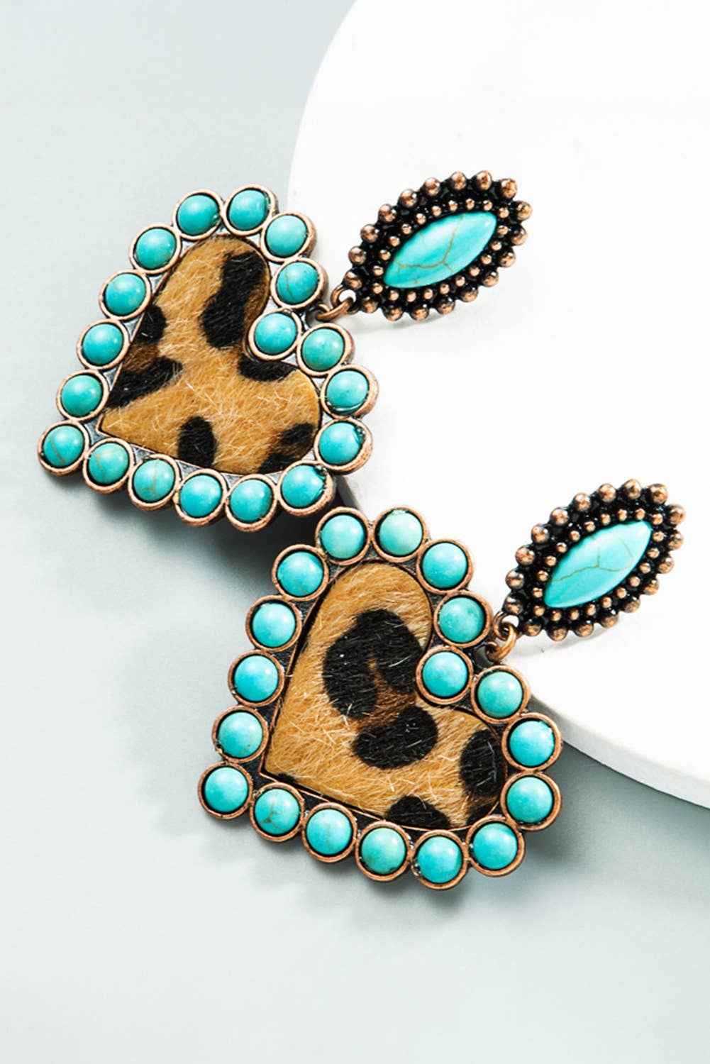 LDC Studded Leopard Insert Heart Dangle Earrings