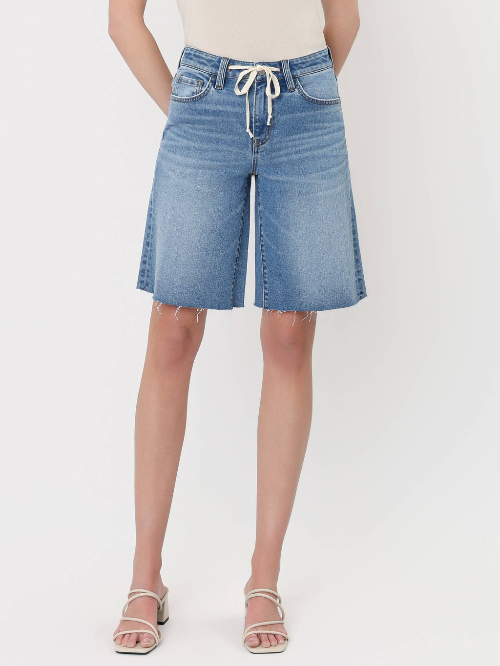 HIGH RISE WAIST TIE DENIM BERMUDA SHORTS