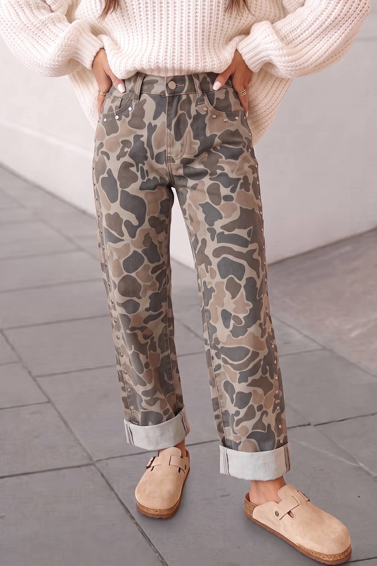 Camo Print Studded Straight Loose Jeans | Expected by 10/25