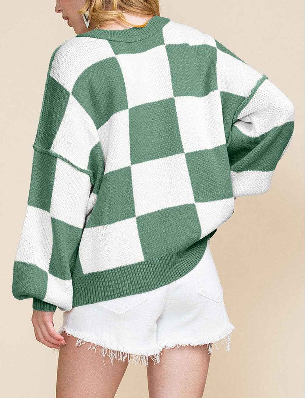Stripe Checkered Bishop Sleeve Sweater