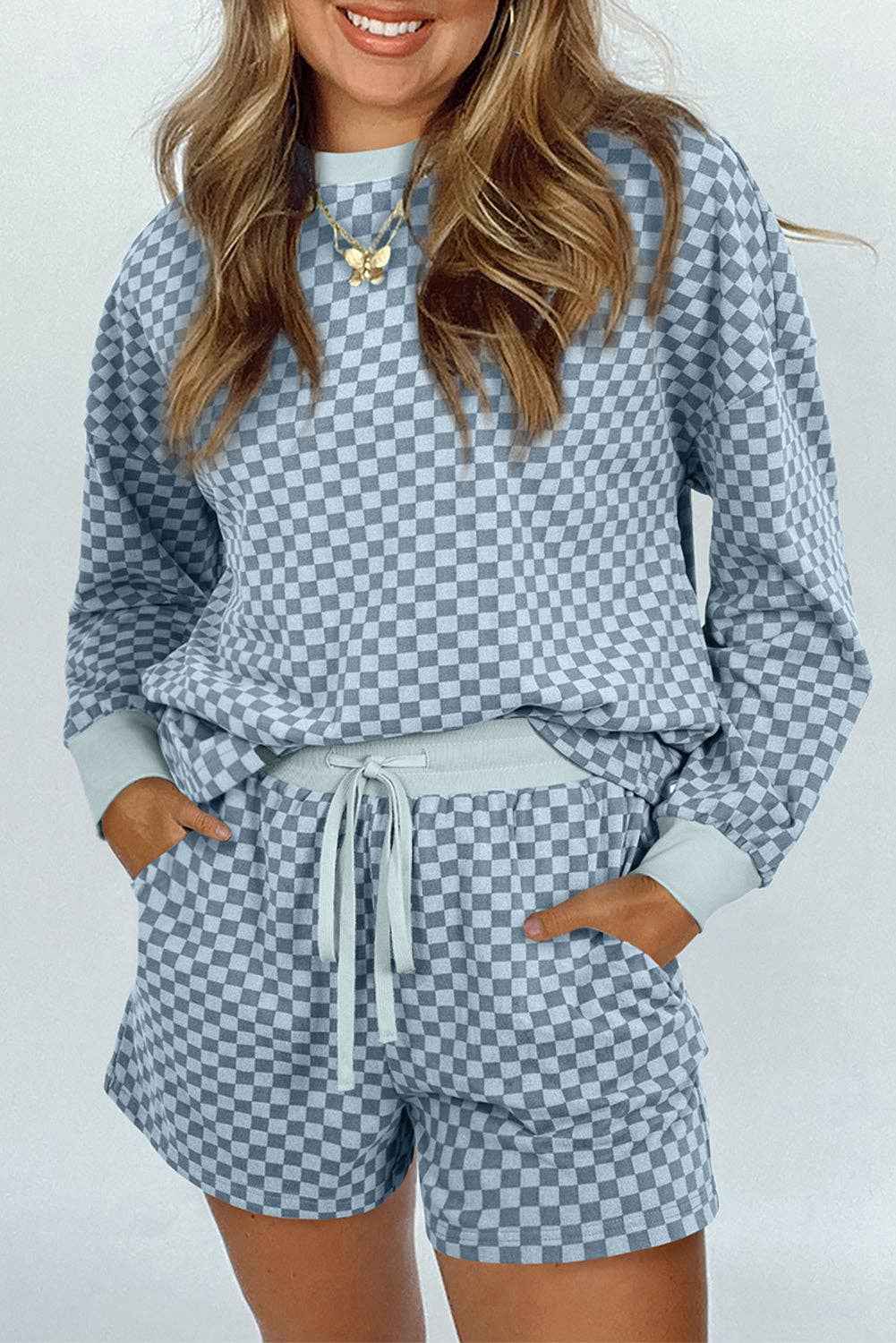 Sky Blue Checkerboard Long Sleeve Pullover and Shorts Set
