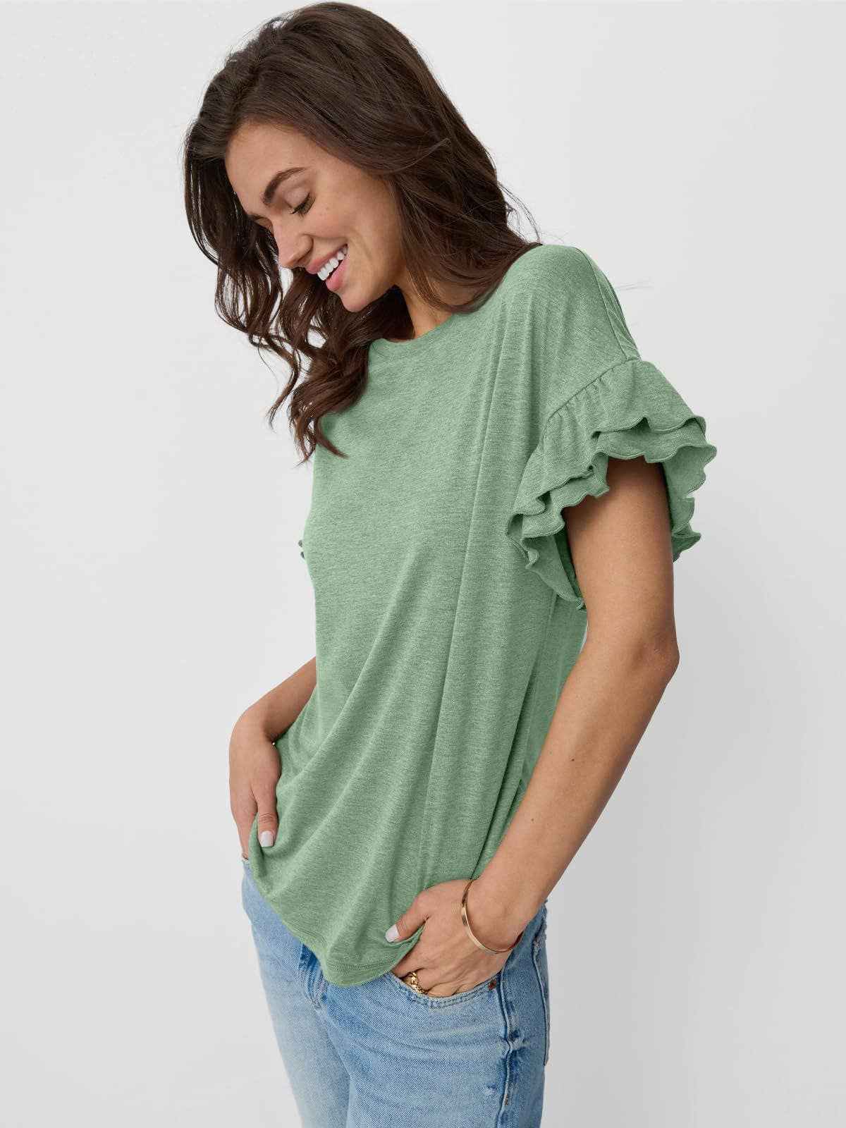 Women's Ruffle Sleeve Crew Neck T-Shirt – Casual Summer Solid Color Top