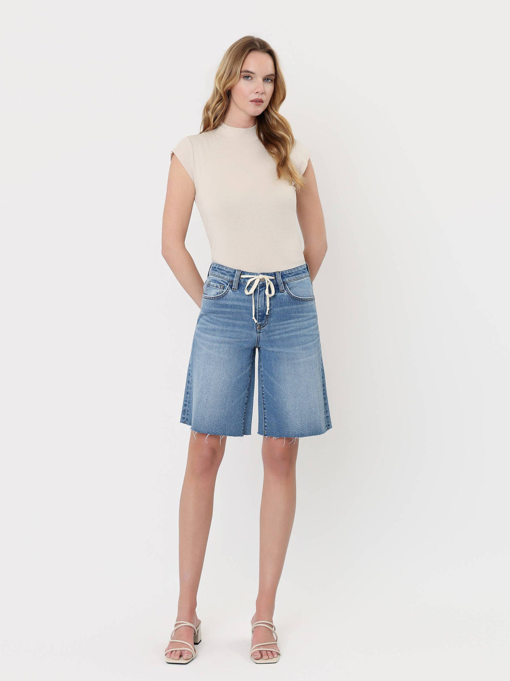 HIGH RISE WAIST TIE DENIM BERMUDA SHORTS