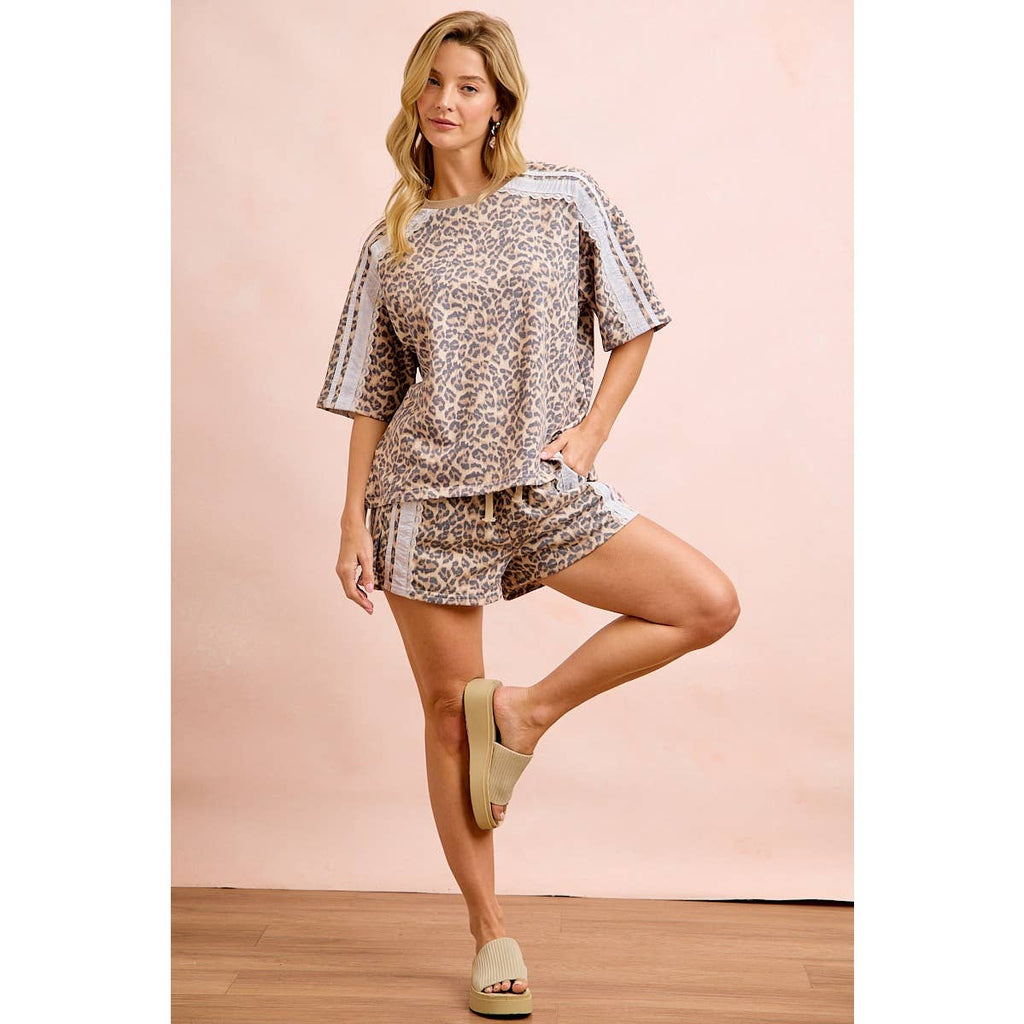 LEOPARD TERRY SIDE DRAWSTRING SHORTS WITH SIDE POCKET