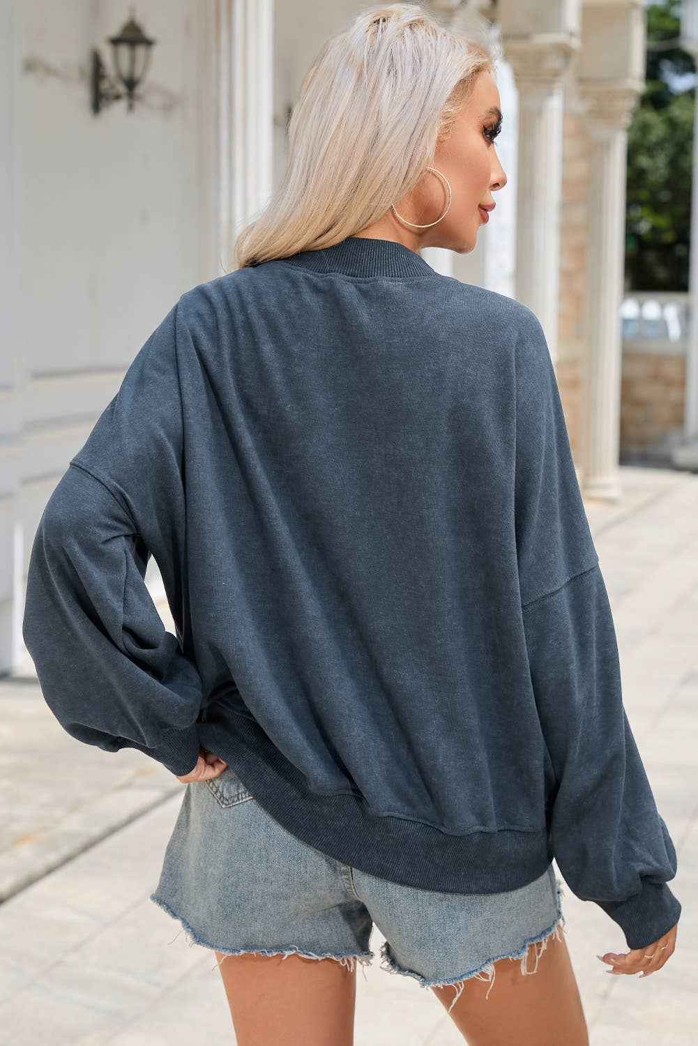 Solid Color Drop Shoulder Crew Neck Pullover Sweatshirt: Blue / 75%Polyester+25%Cotton / M