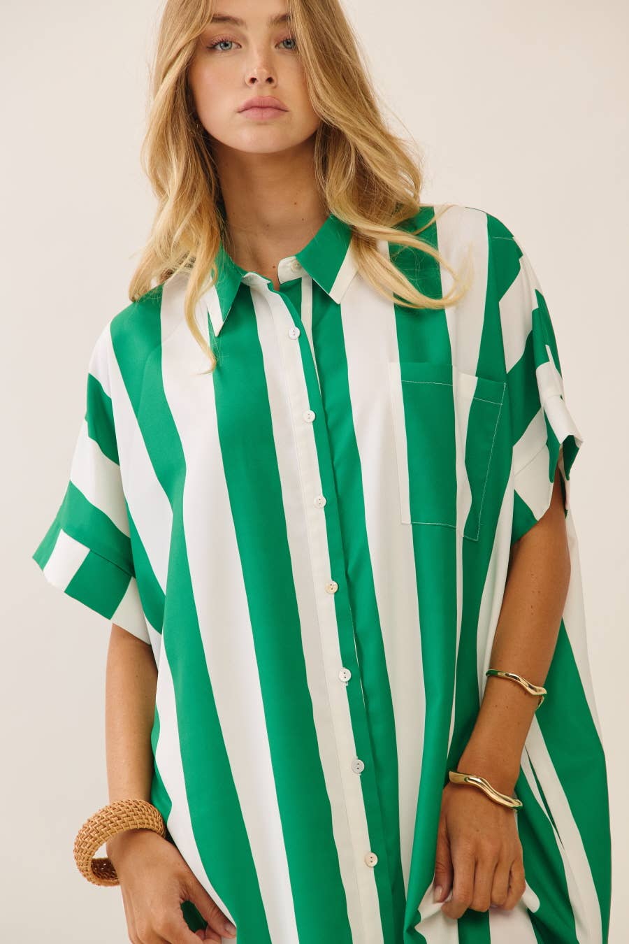 Vertical Stripe Short Sleeve Button-up Dress