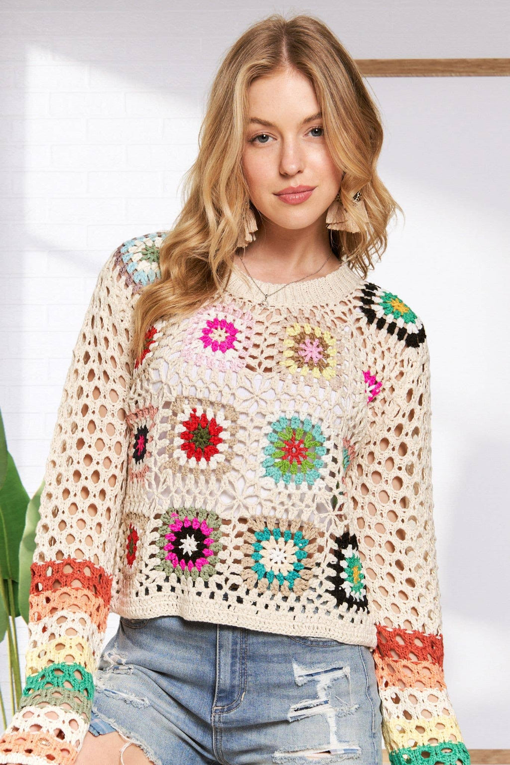 LONG SLEEVES MULTI COLOR CROCHET TOP - CESW3538