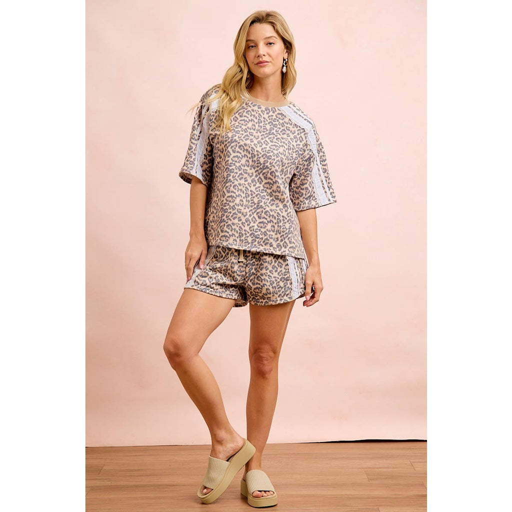 LEOPARD TERRY SIDE DRAWSTRING SHORTS WITH SIDE POCKET