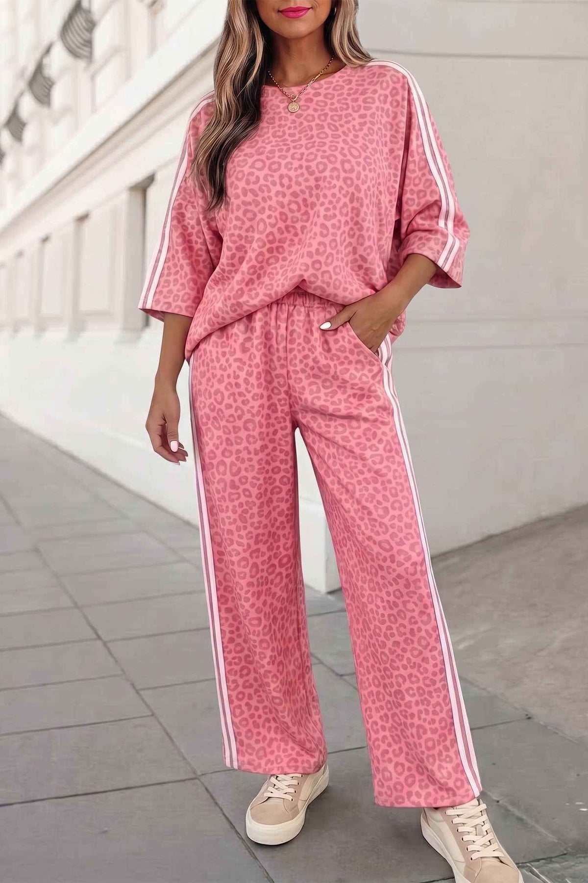 Leopard Print Striped Detail Crewneck Pants Set | S-XL