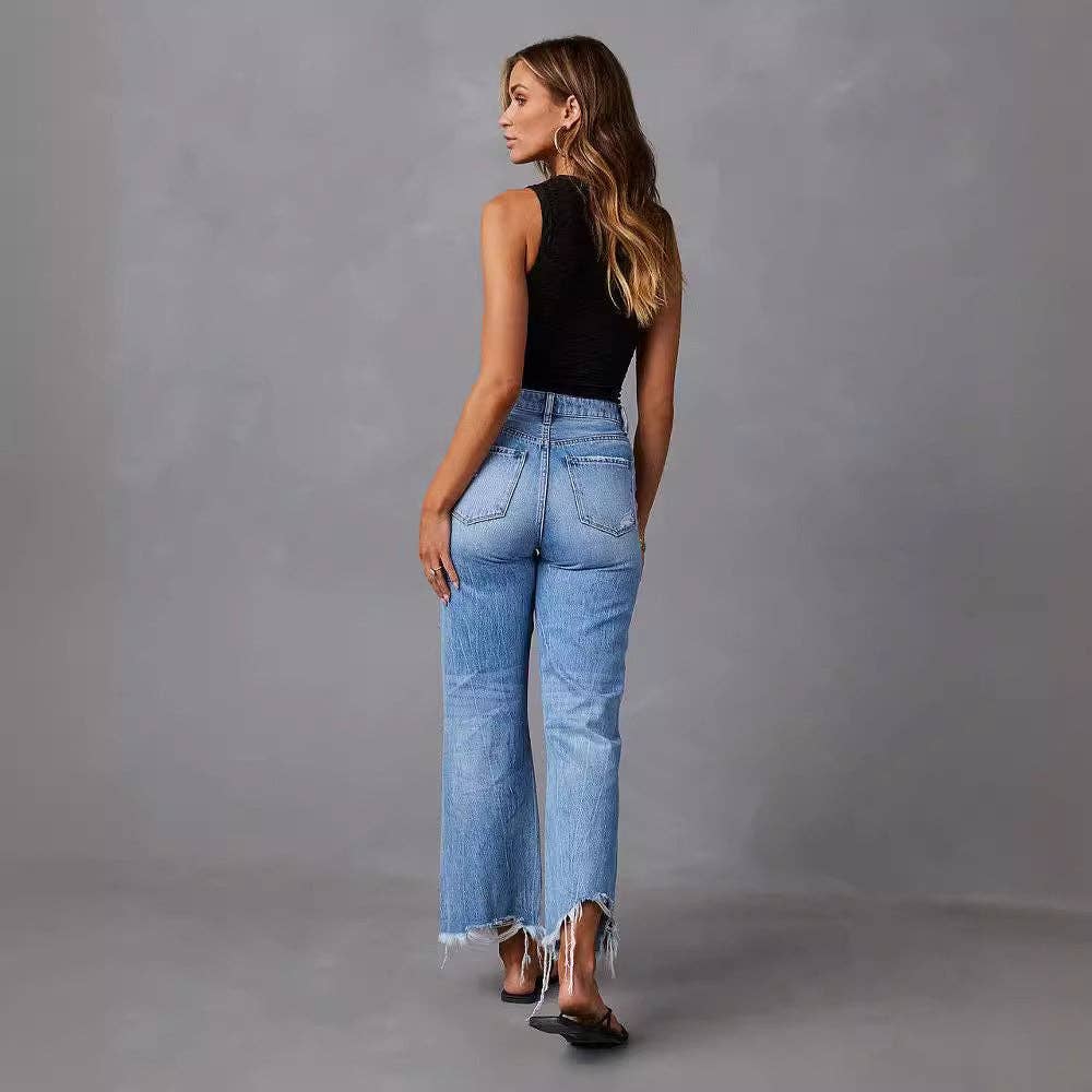 High Waist Distressed Wide Leg Denim Pants with Tie-Dye Wash