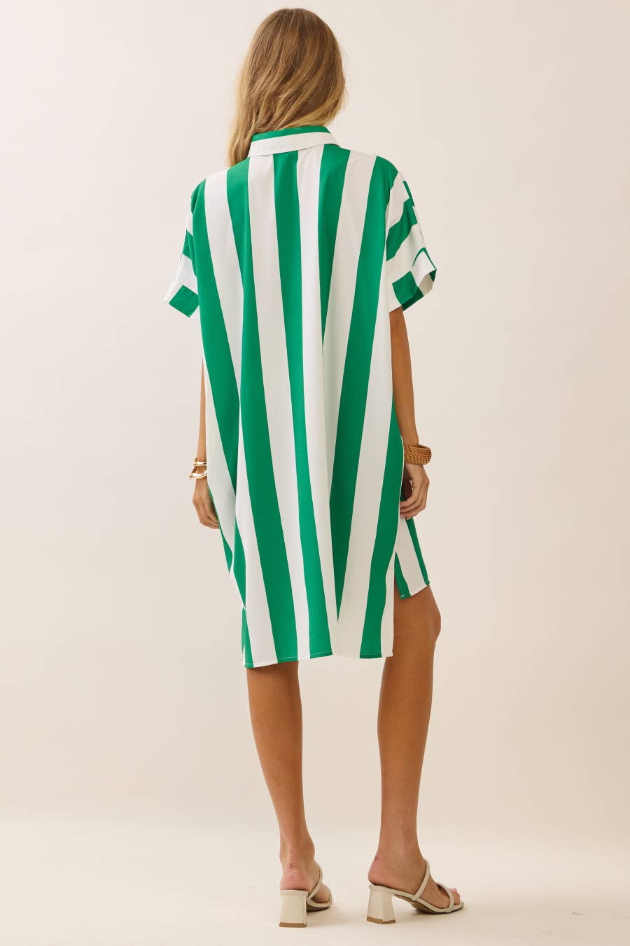 Vertical Stripe Short Sleeve Button-up Dress