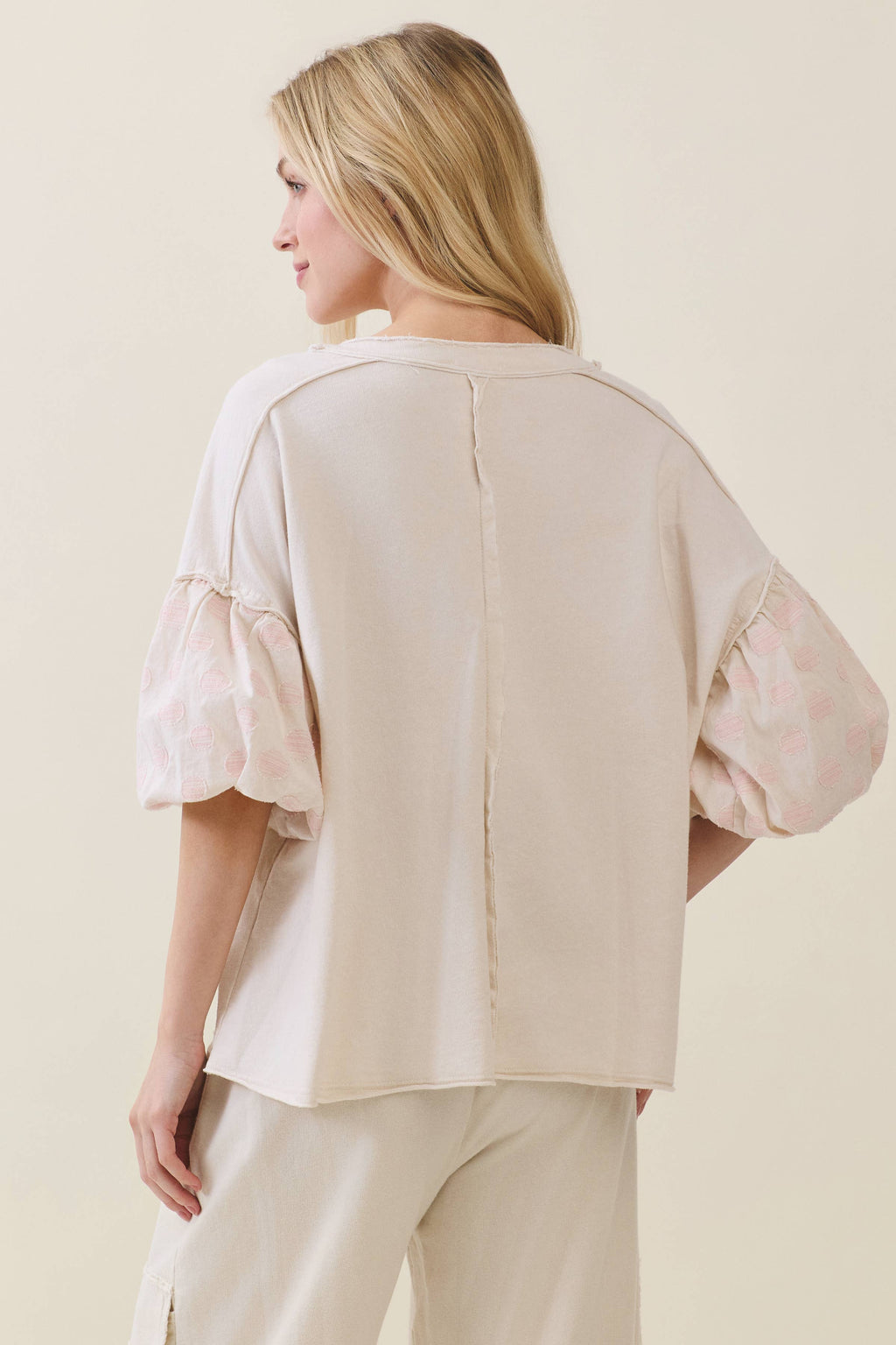 Mineral Washed Pink Polka dot Balloon Puff Blouse