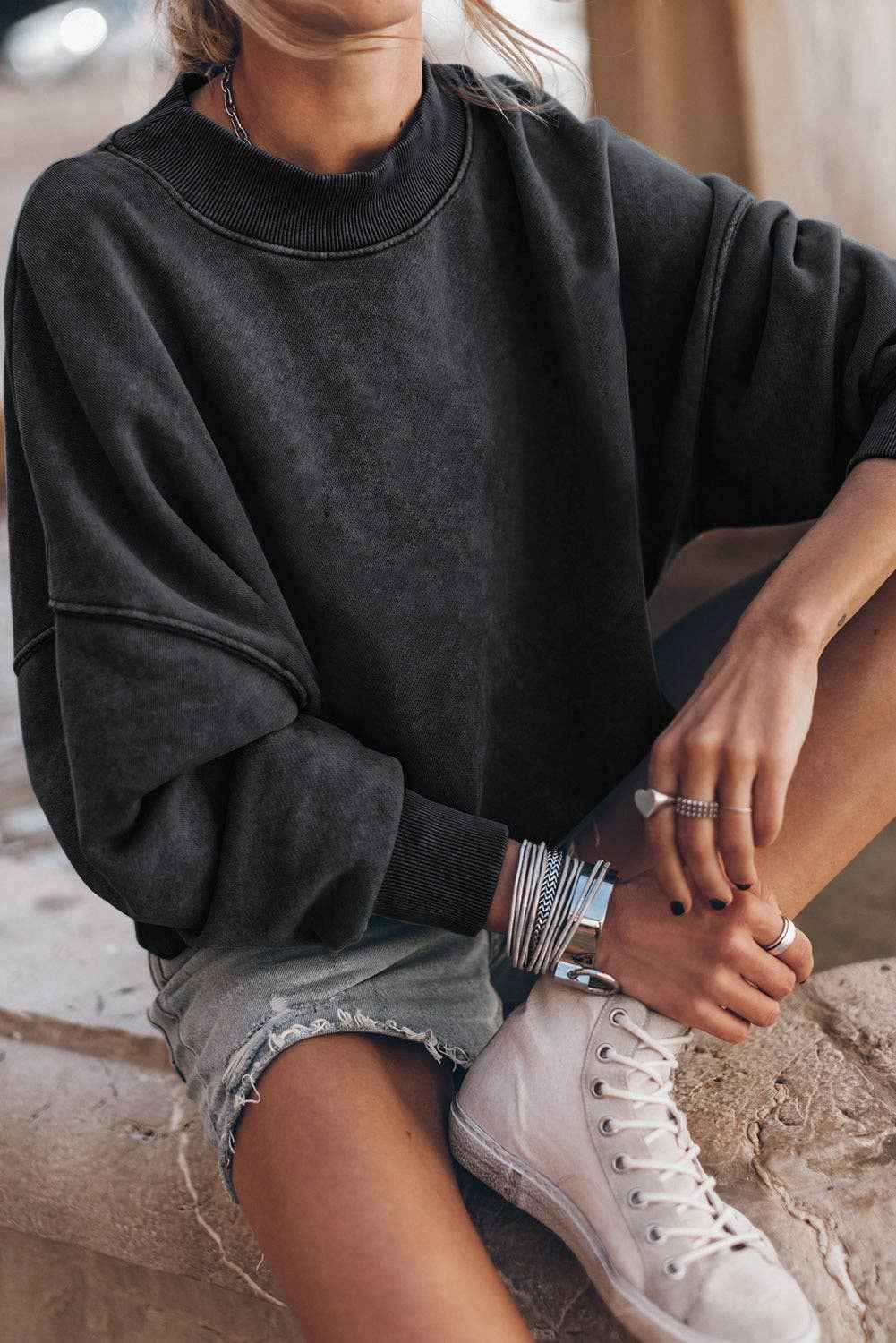 Solid Color Drop Shoulder Crew Neck Pullover Sweatshirt: Blue / 75%Polyester+25%Cotton / M