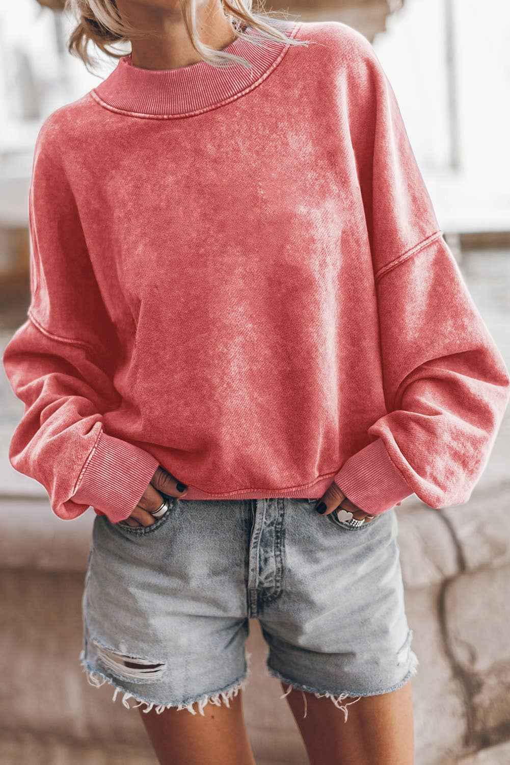 Solid Color Drop Shoulder Crew Neck Pullover Sweatshirt: Blue / 75%Polyester+25%Cotton / M