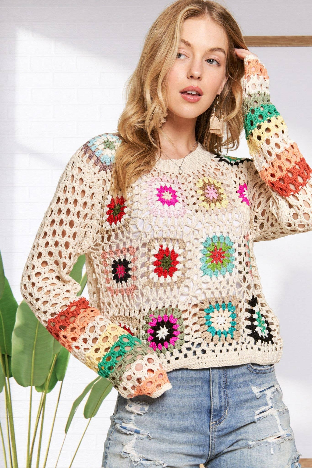 LONG SLEEVES MULTI COLOR CROCHET TOP - CESW3538