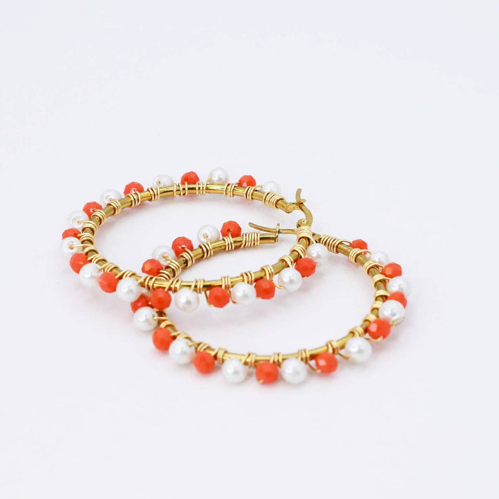 Orange/White Beaded Hoop Earrings