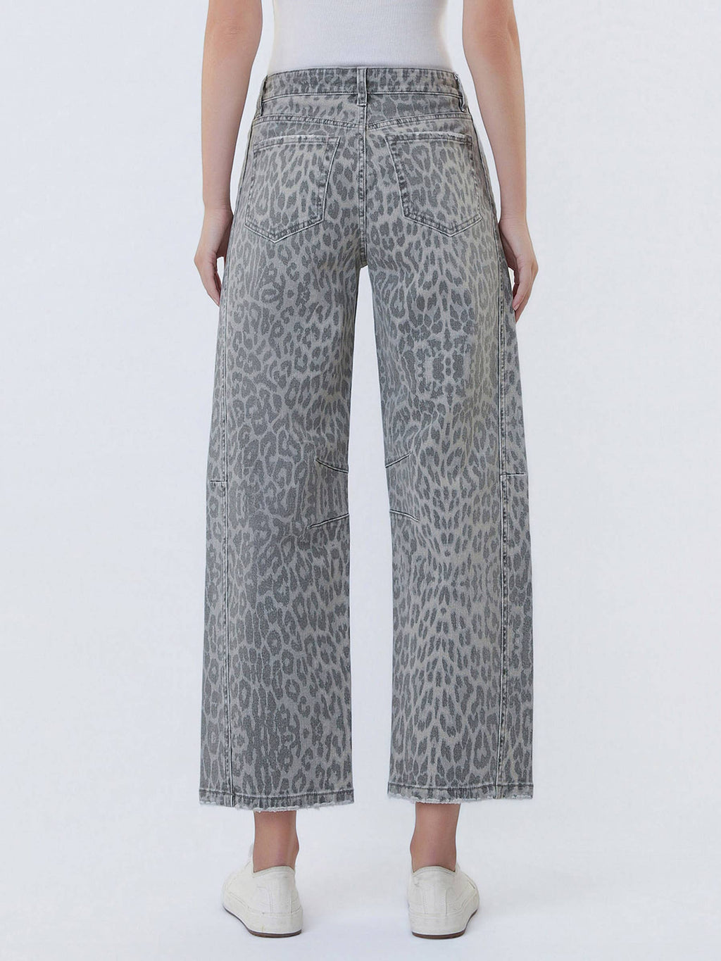 HIGH RISE DRAWSTRING GREY LEOPARD BARREL JEANS T7327GLP