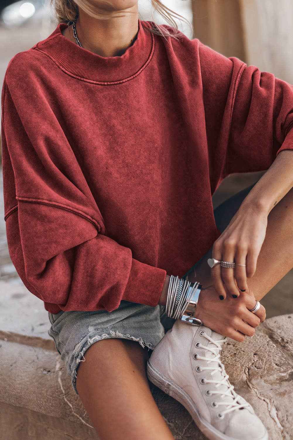 Solid Color Drop Shoulder Crew Neck Pullover Sweatshirt: Blue / 75%Polyester+25%Cotton / M