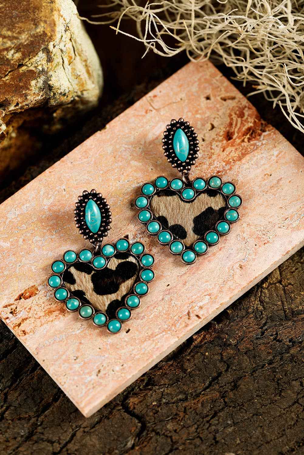 LDC Studded Leopard Insert Heart Dangle Earrings