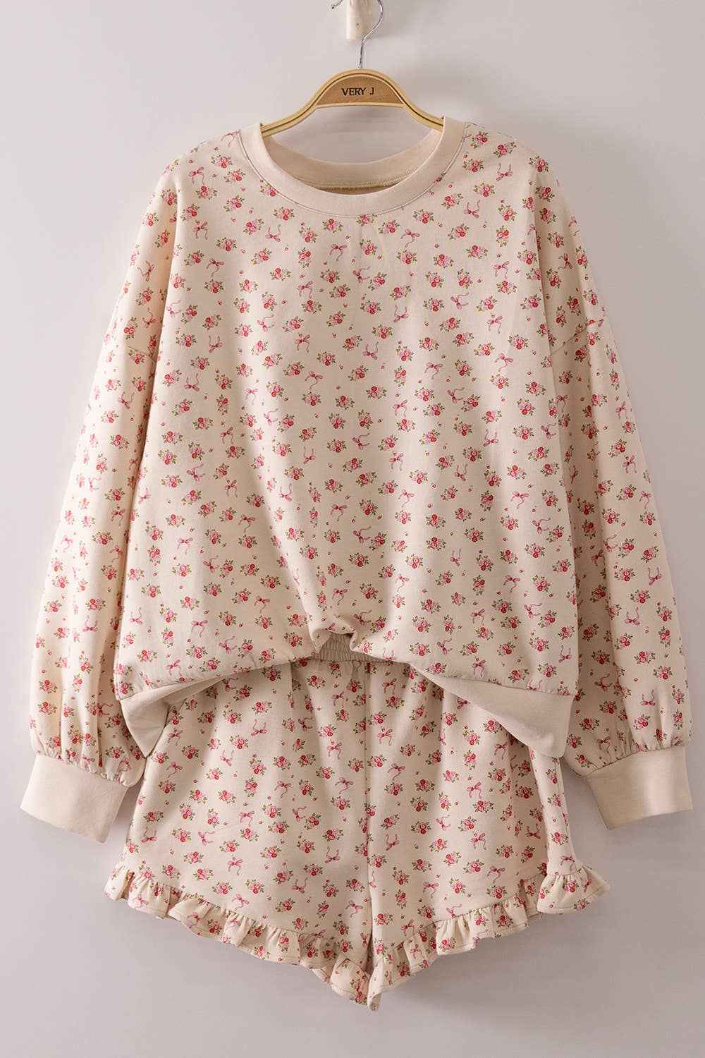 NT12635SET-Floral Printed Knit Comfy Top & Shorts Set