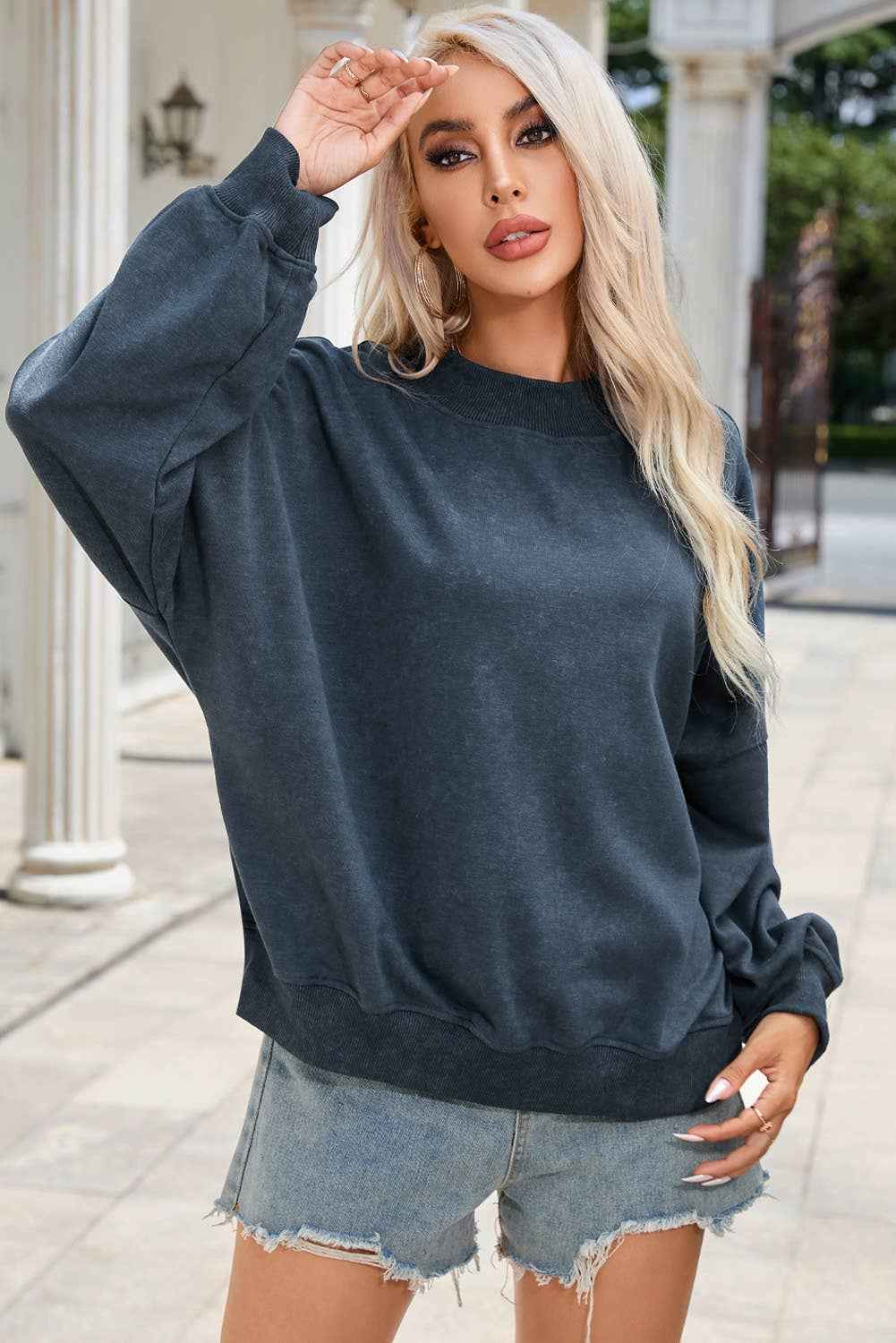 Solid Color Drop Shoulder Crew Neck Pullover Sweatshirt: Blue / 75%Polyester+25%Cotton / M