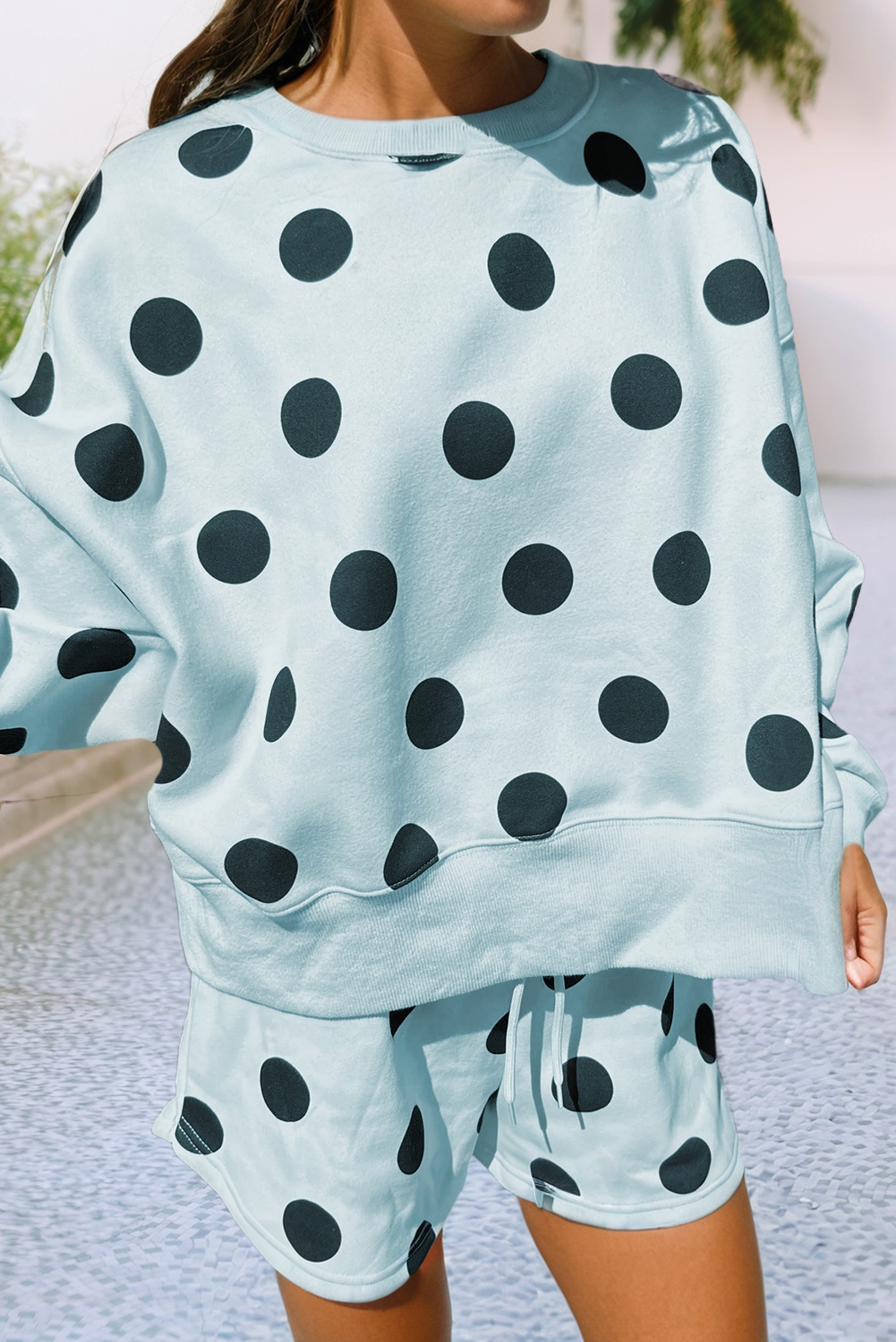 Polka Dot Drop Shoulder Pullover Drawstring Short Set