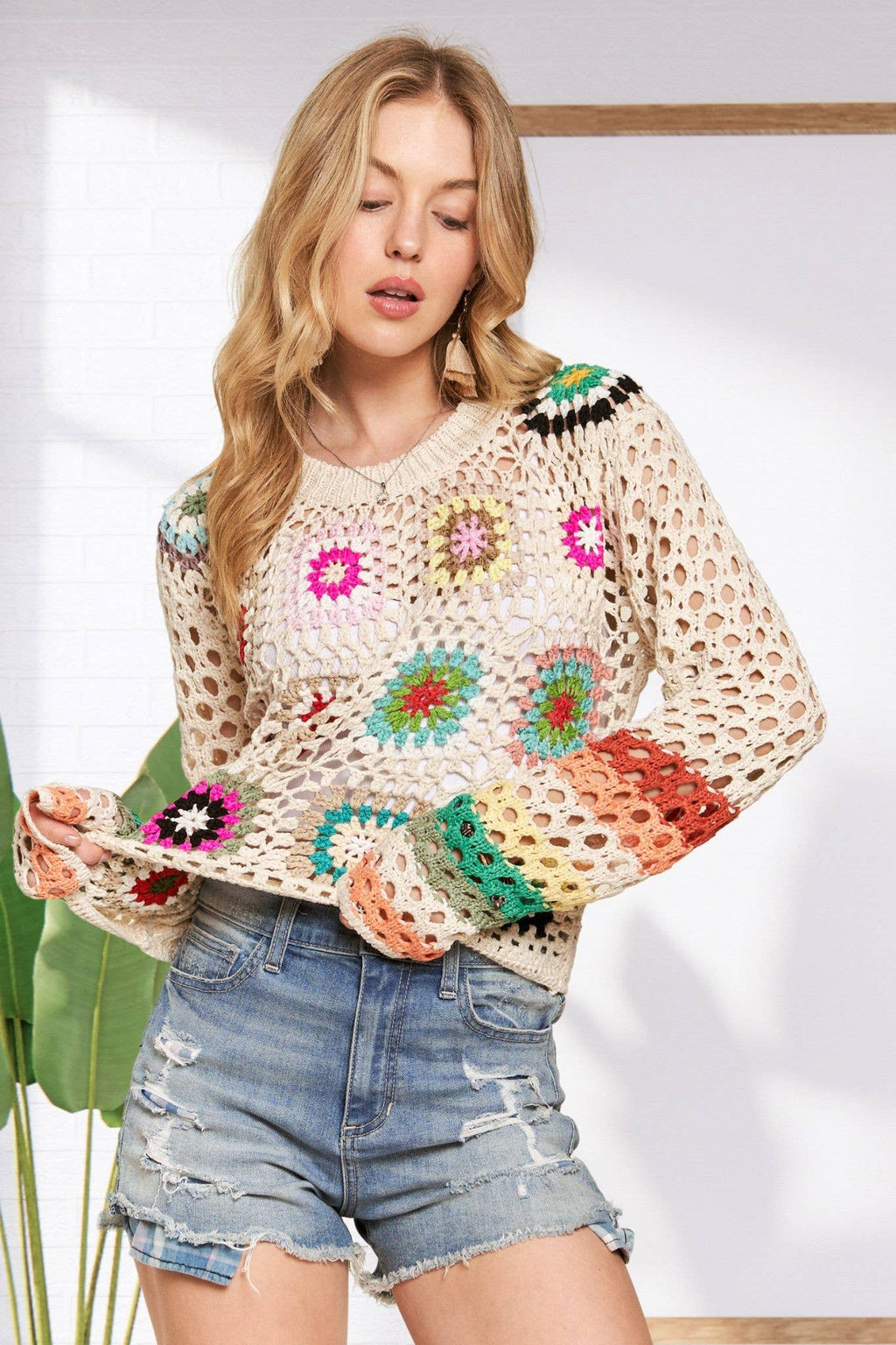 LONG SLEEVES MULTI COLOR CROCHET TOP - CESW3538