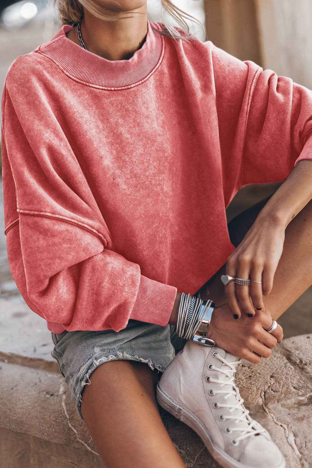 Solid Color Drop Shoulder Crew Neck Pullover Sweatshirt: Blue / 75%Polyester+25%Cotton / M