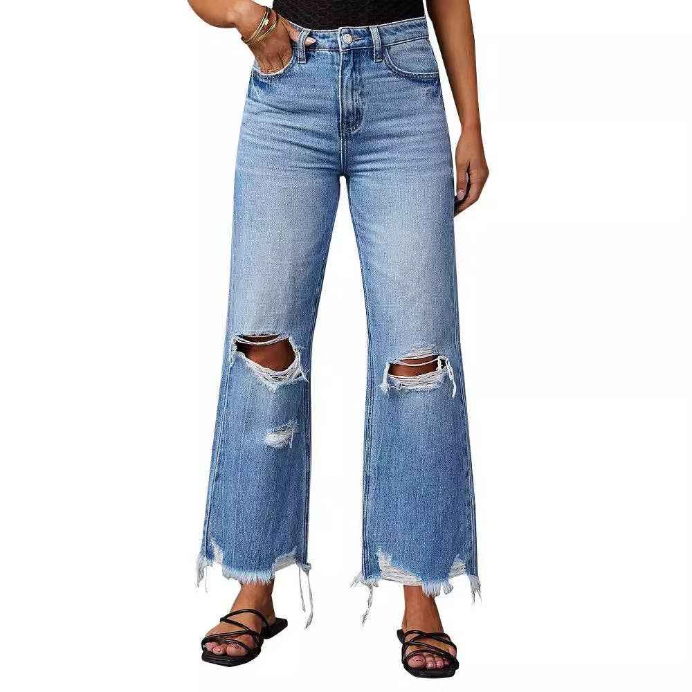 High Waist Distressed Wide Leg Denim Pants with Tie-Dye Wash