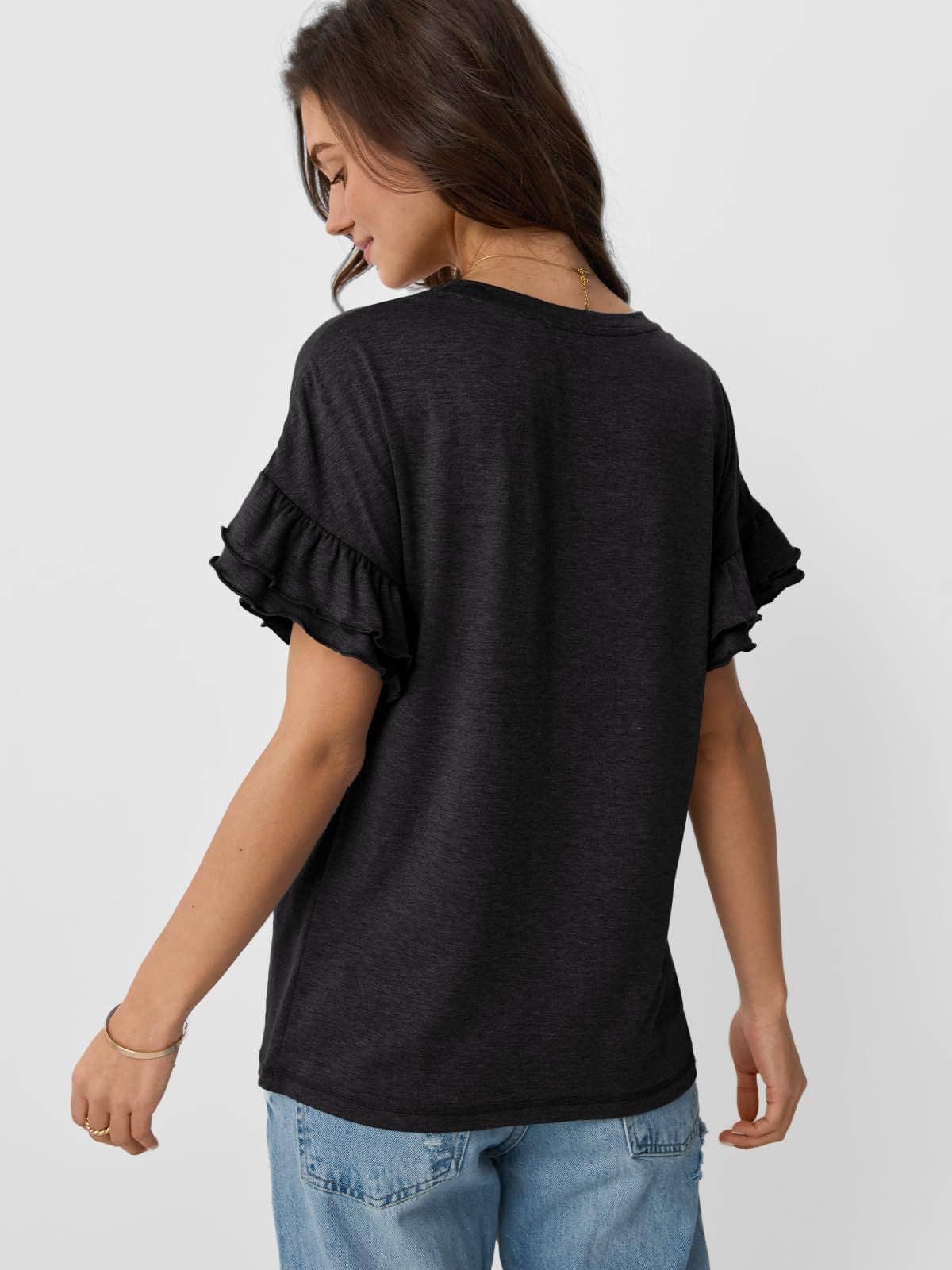 Women's Ruffle Sleeve Crew Neck T-Shirt – Casual Summer Solid Color Top