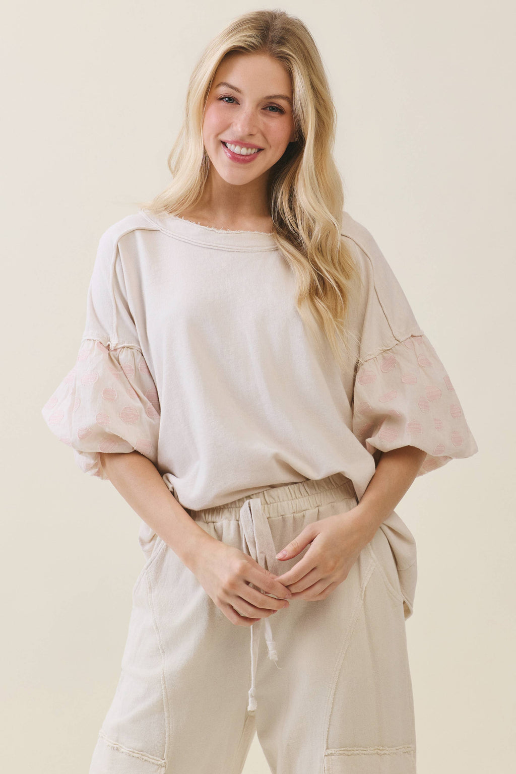 Mineral Washed Pink Polka dot Balloon Puff Blouse