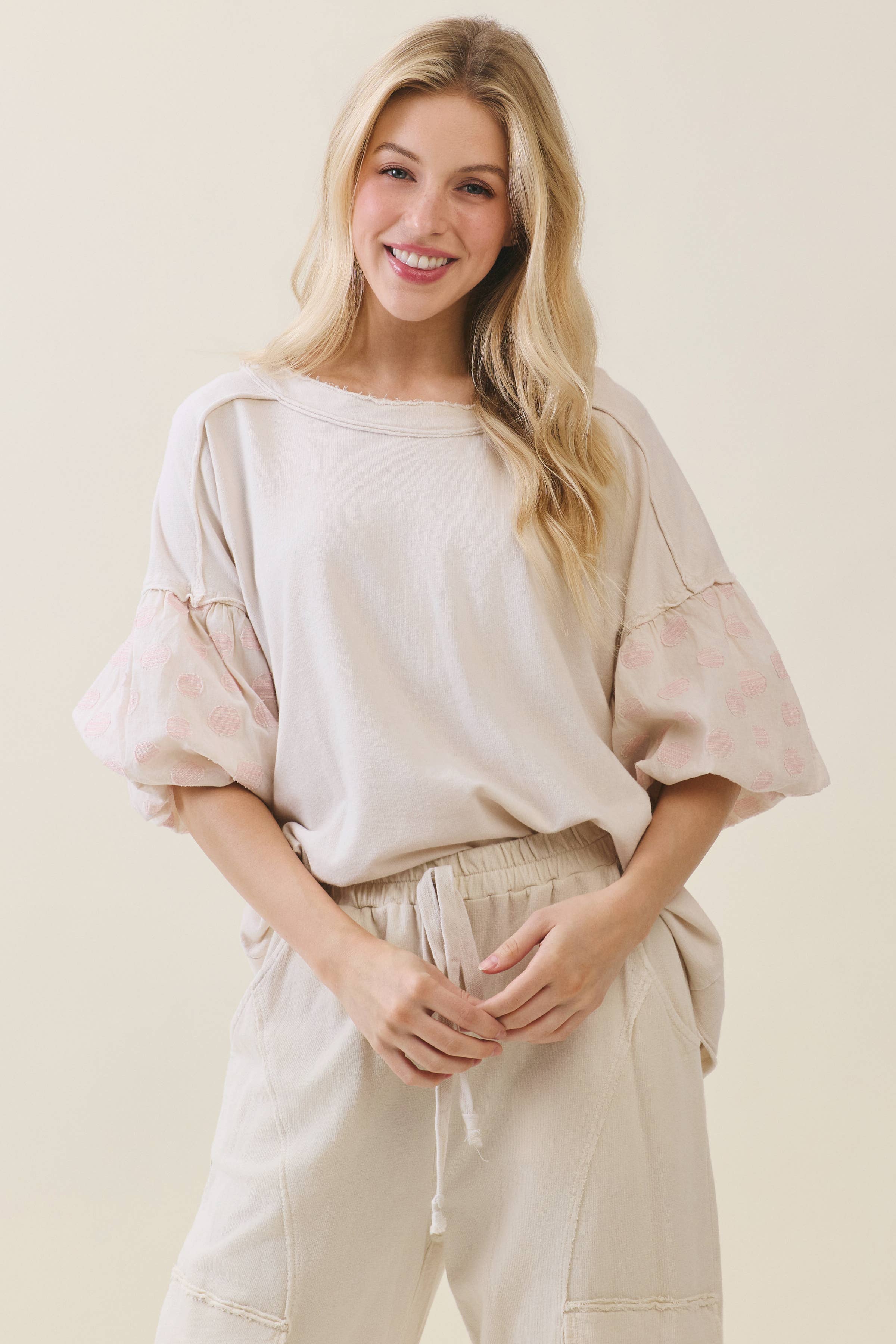 Mineral Washed Pink Polka dot Balloon Puff Blouse