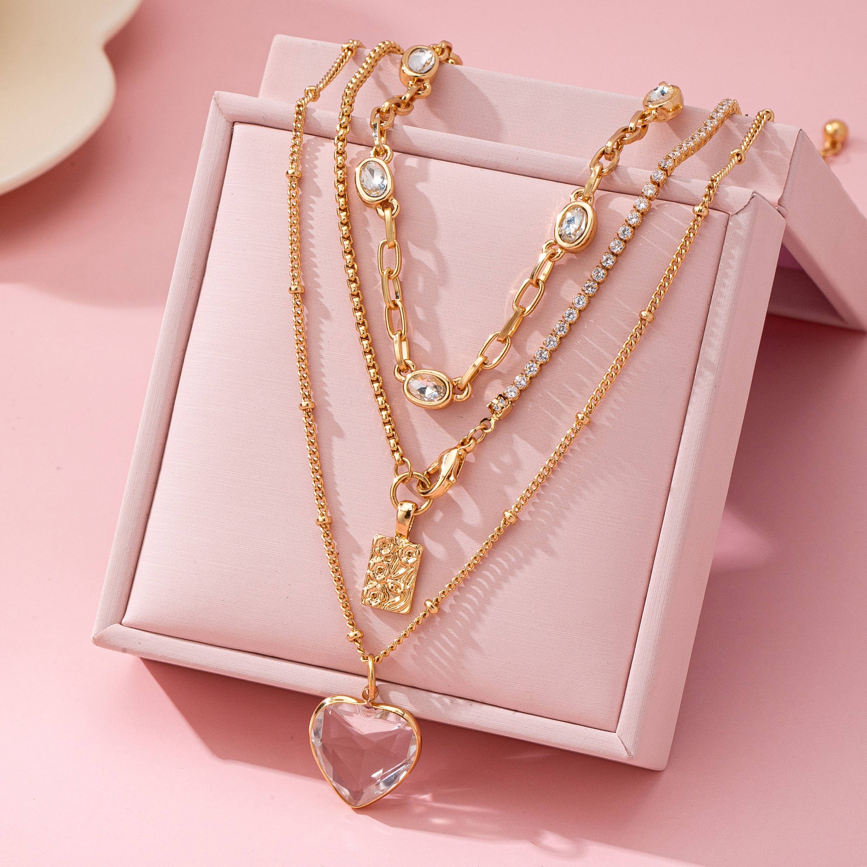 Multi Layered Rhinestone Heart Charm Necklace | 80N92691