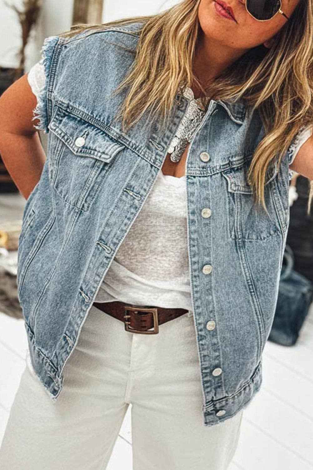 Myosotis Button Flap Pocket Frayed Detail Denim Vest