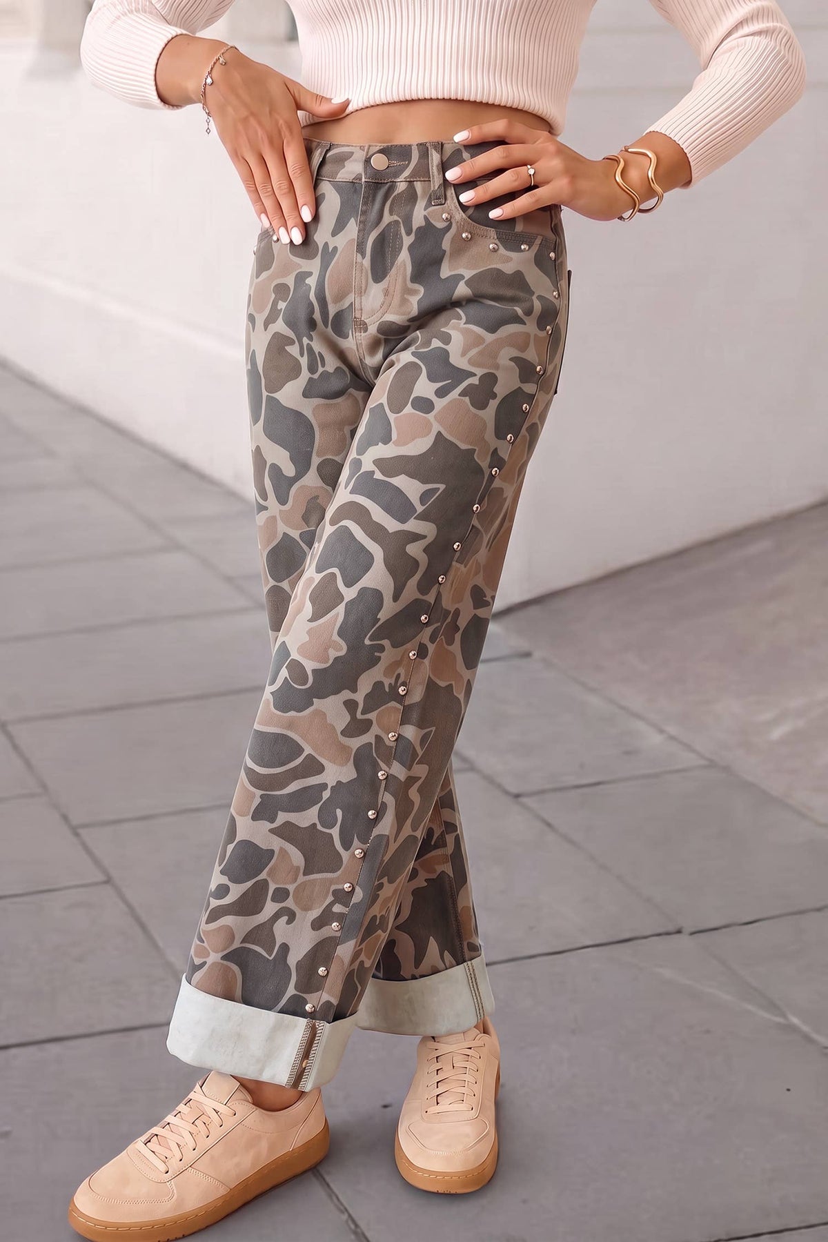 Camo Print Studded Straight Loose Jeans | Expected by 10/25