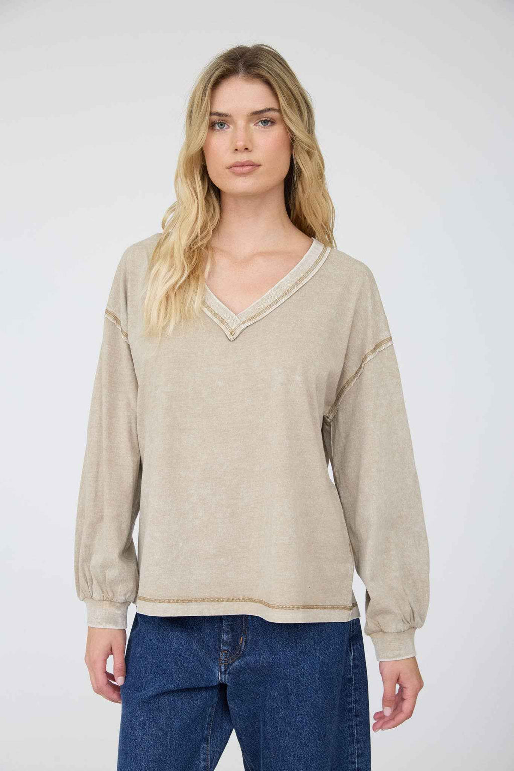 WASHED INVERTED SEAM DETAIL LONG SLEEVE KNIT TOP