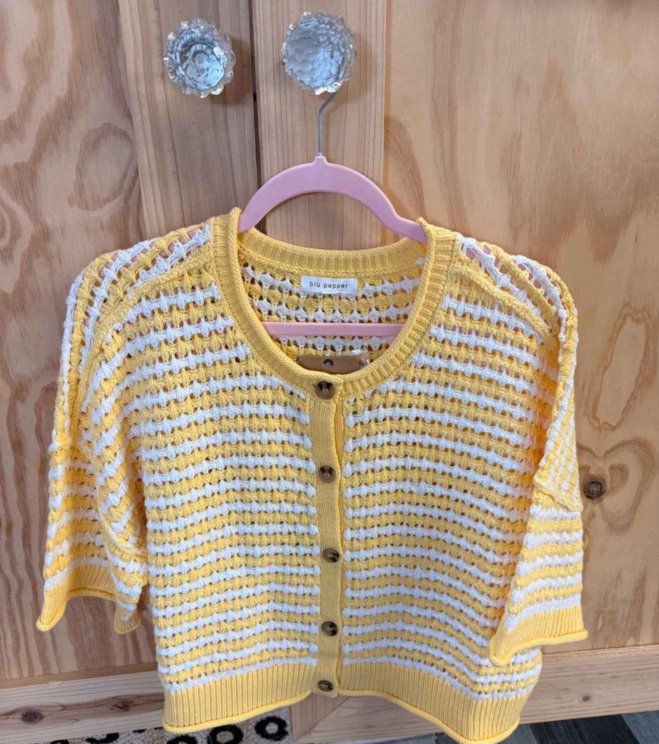 BUTTER YELLOW SHORT SLEEVE CROCHET KNIT CARDIGAN